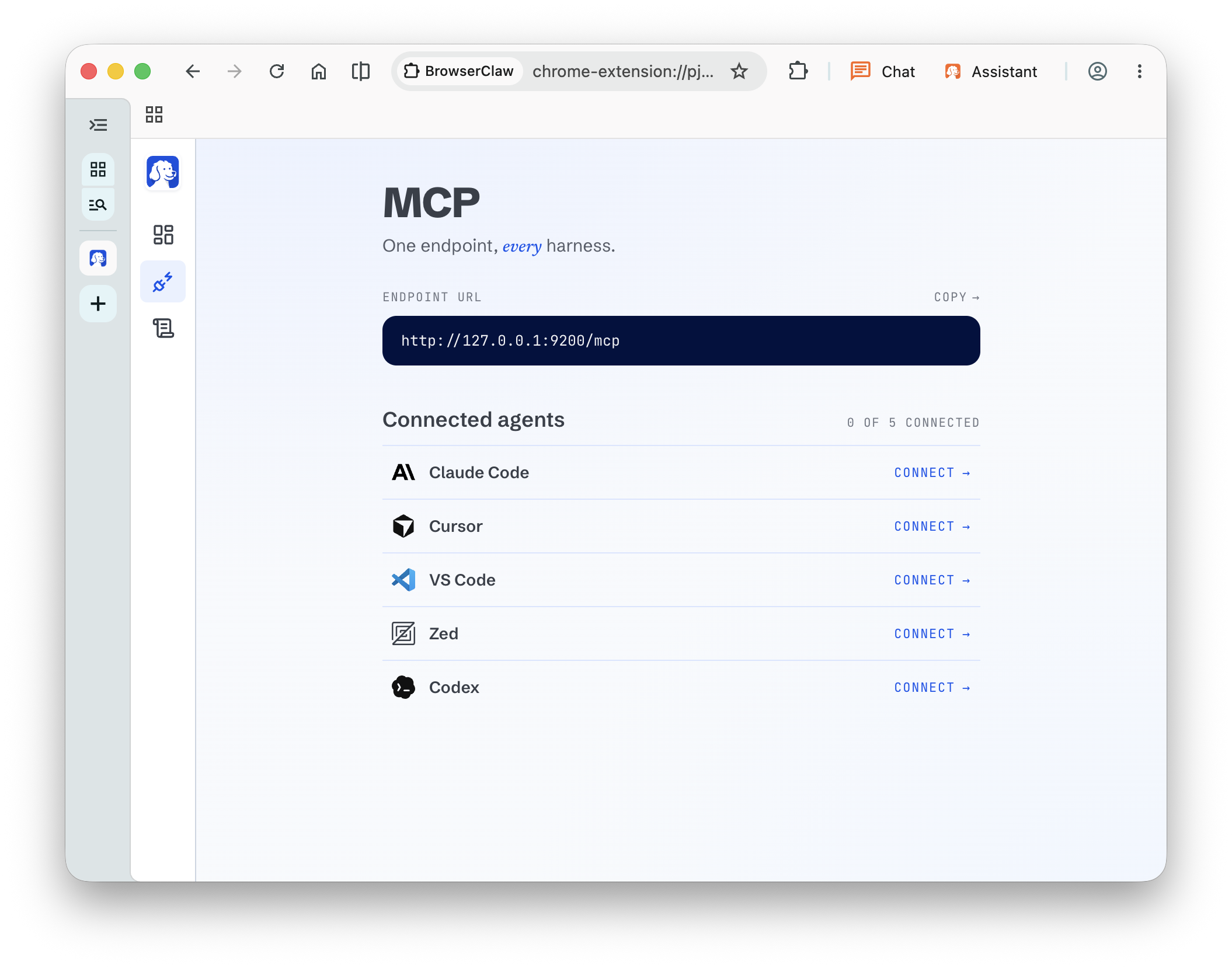 BrowserClaw MCP install board with the endpoint URL and one-click Connect buttons next to Claude Code, Cursor, VS Code, Zed, and Codex